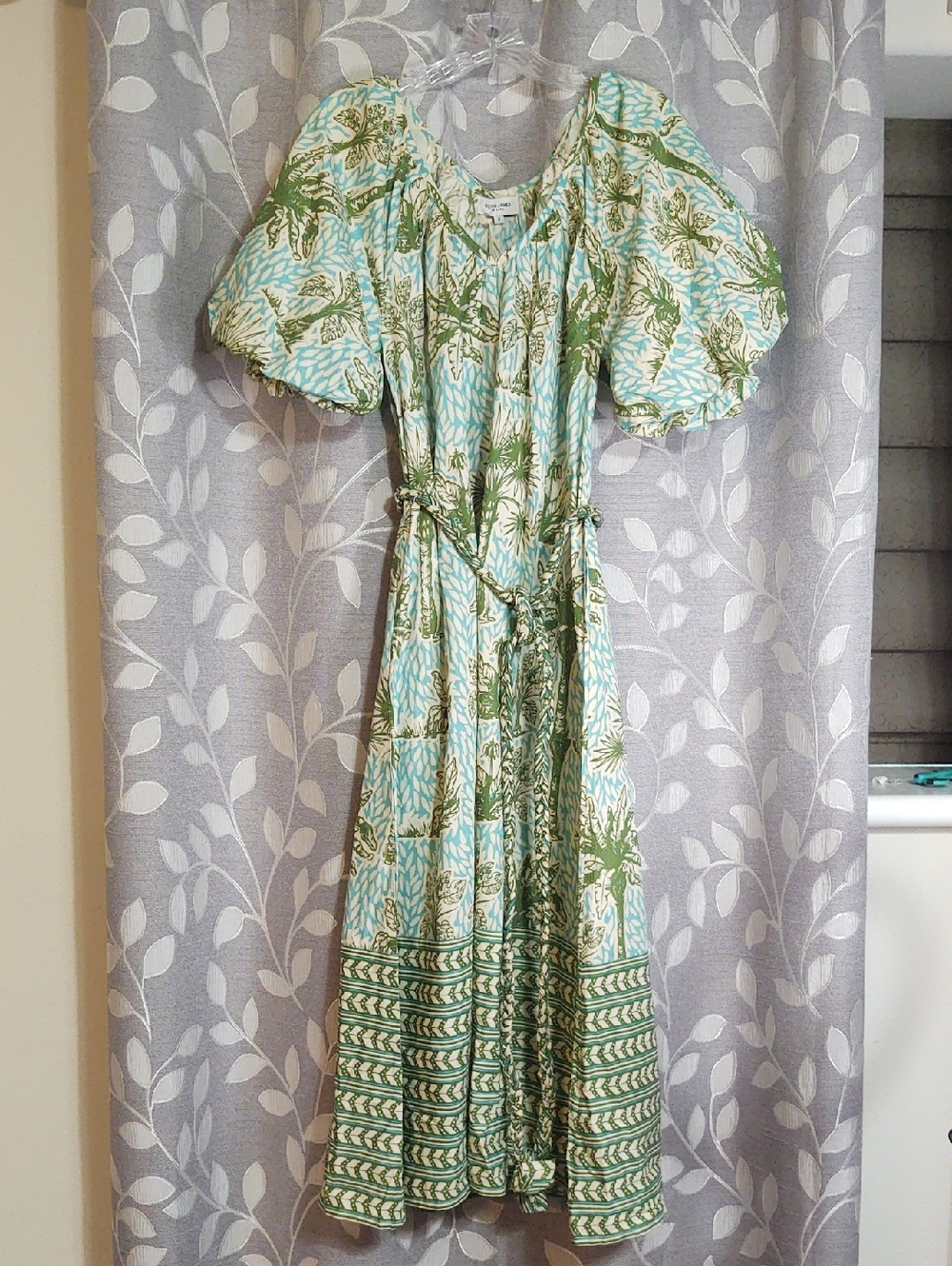 Olivia James Cotton Green & Blue Tropical Puff-Sleeve Dress size S